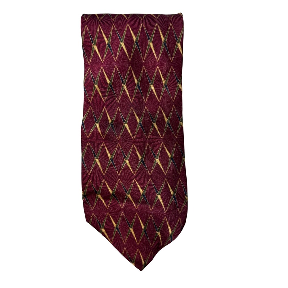 Bill Blass Necktie Mens OS Burgundy Neo Geometric Diamond Silk Classic Formal‎
